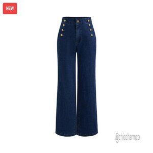 High Waist Wide Leg Denim Jeans with Decorative Buttons, Stretch Fabric